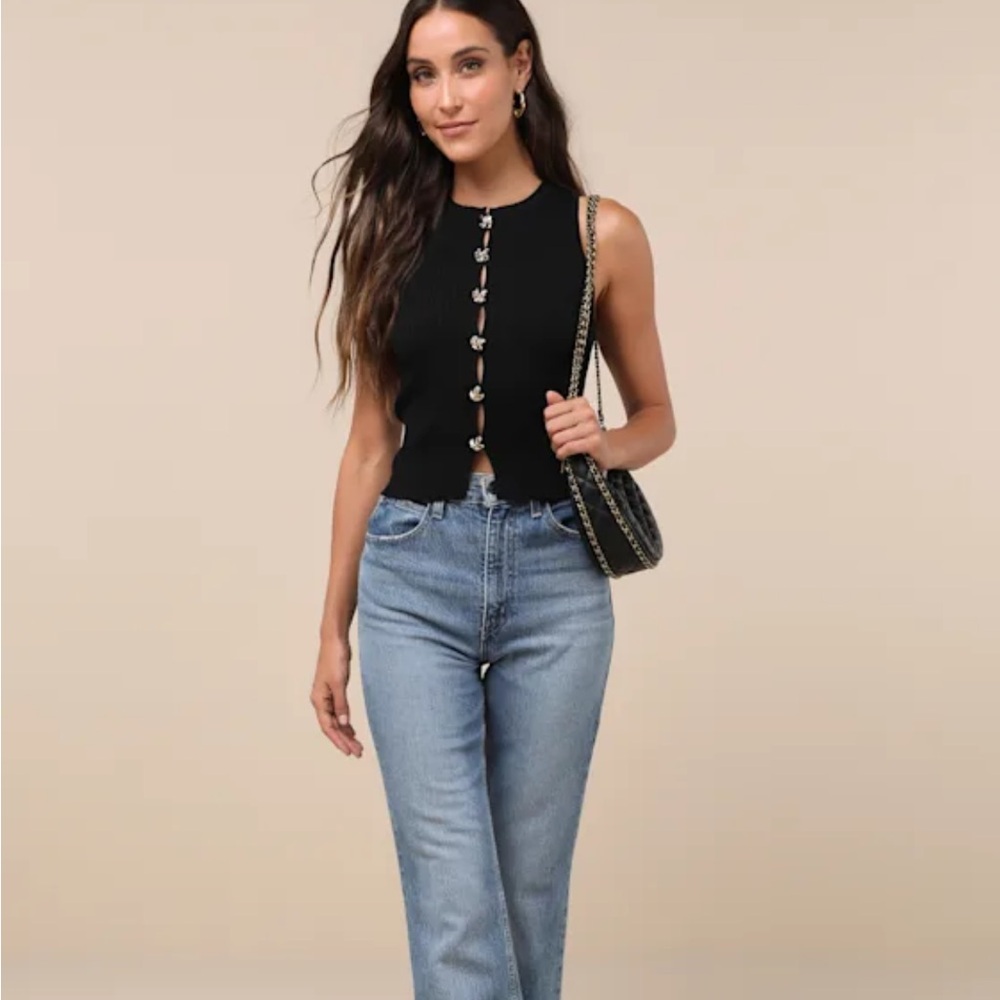 Lulu's Conceptually Chic Black Ribbed Knit Button-Front Tank Top - Picture 3 of 7